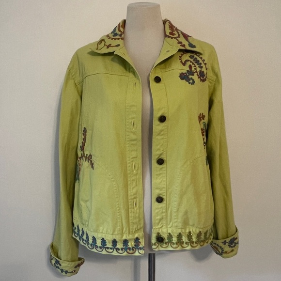 Coldwater Creek Green Denim Twill Paisley Embroidered Boho Jacket large - Picture 2 of 9